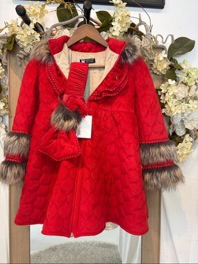 Luxury Red Quilted Girls' Pea Coat with Faux Fur Trim